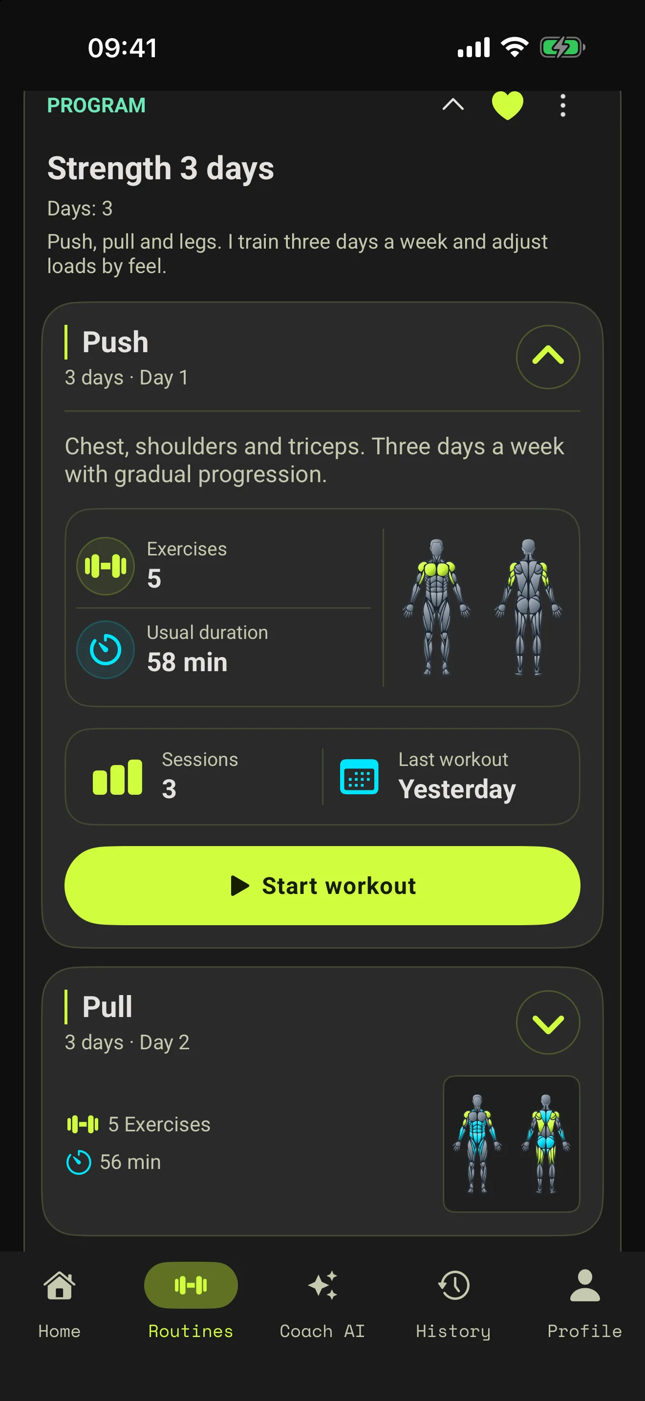 A three-day strength program with push and pull routines.